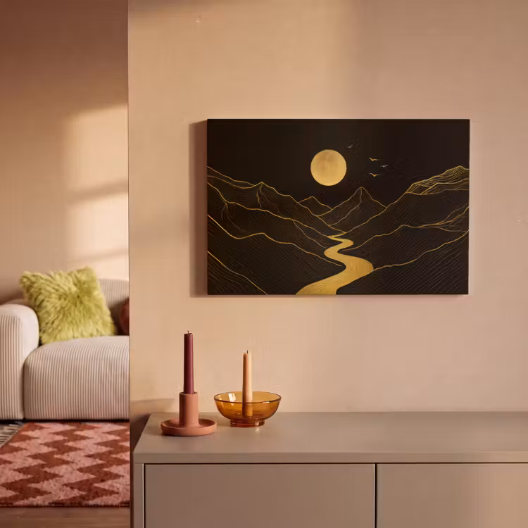 Canvas schilderij - Rivier - Goud - Maan - Vogels — 2