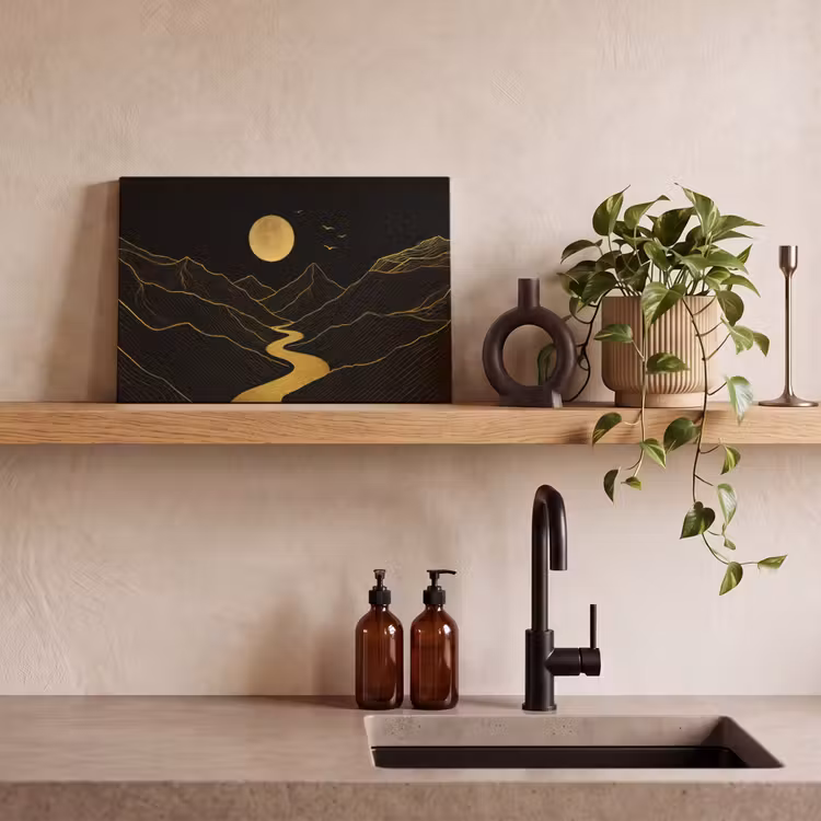 Canvas schilderij - Rivier - Goud - Maan - Vogels — 4