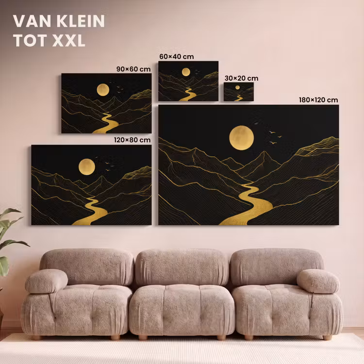 Canvas schilderij - Rivier - Goud - Maan - Vogels — 8