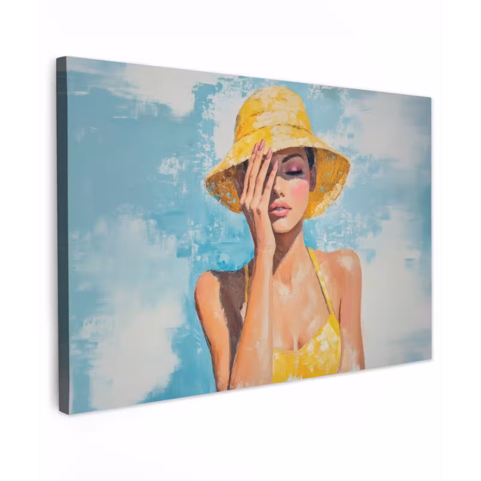 Canvas schilderij - Schilderij - Vrouw - Hoed - Geel — 1