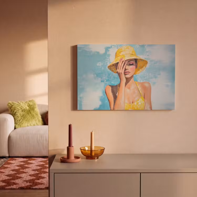 Canvas schilderij - Schilderij - Vrouw - Hoed - Geel — 2
