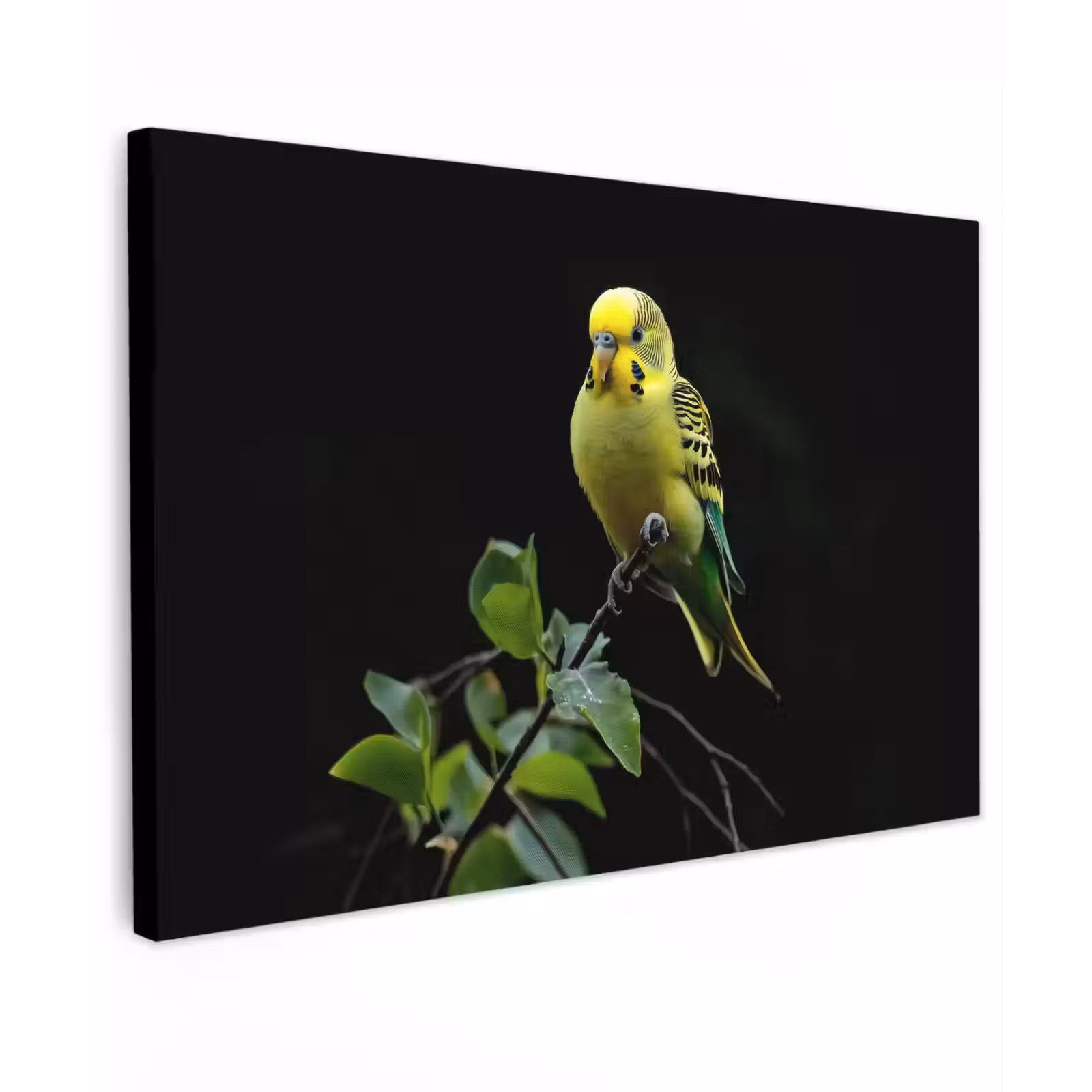 Canvas schilderij - Parkiet - Tak - Bladeren - Geel — 1