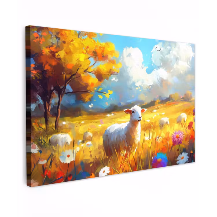 Canvas schilderij - Schaap - Weide - Bloemen — 1
