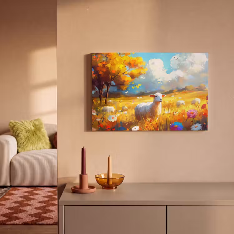 Canvas schilderij - Schaap - Weide - Bloemen — 2