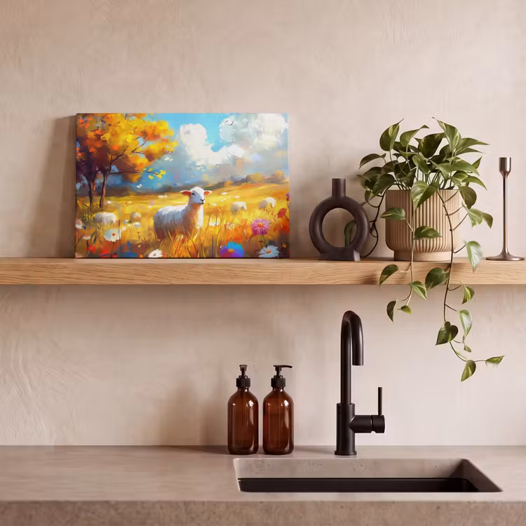 Canvas schilderij - Schaap - Weide - Bloemen — 4