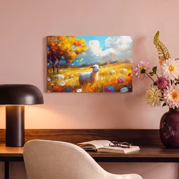 Canvas schilderij - Schaap - Weide - Bloemen — 6