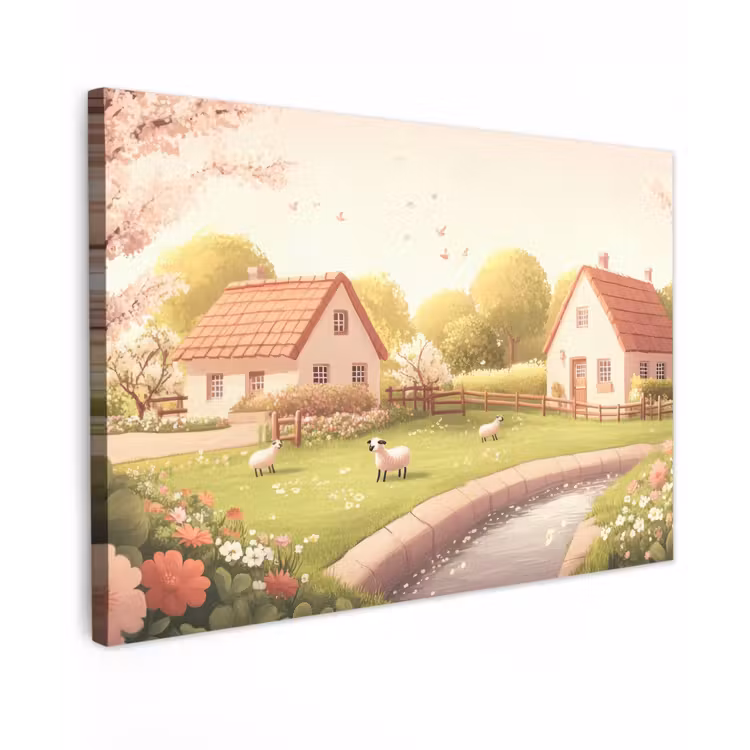 Canvas schilderij - Schapen - Huisje - Platteland — 1