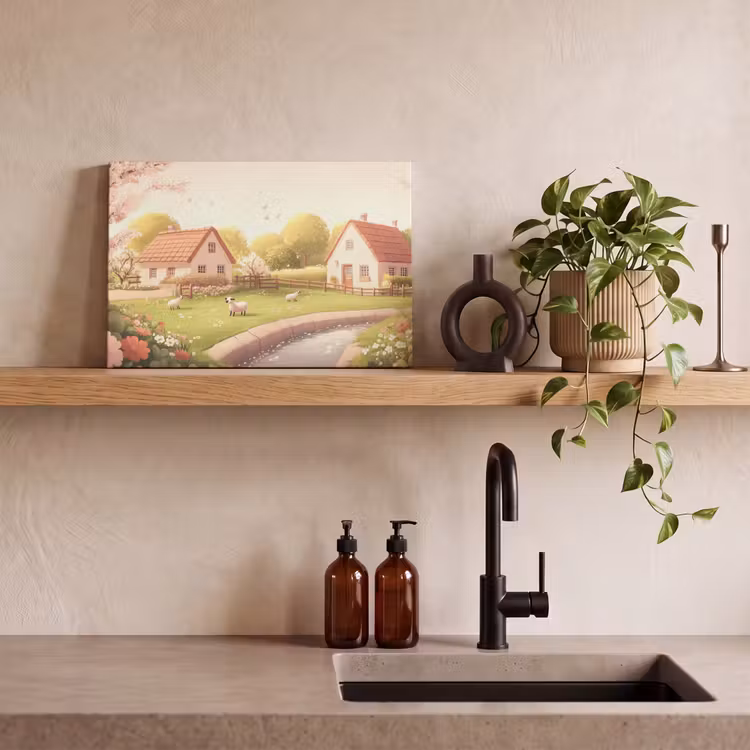 Canvas schilderij - Schapen - Huisje - Platteland — 4