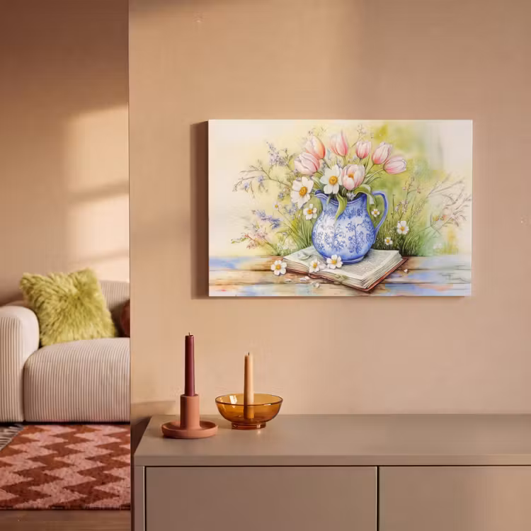 Canvas schilderij - Vaas - Delftsblauw - Madeliefjes — 2