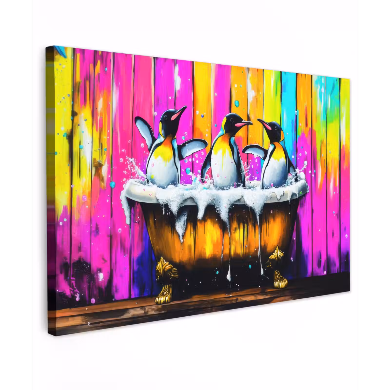 Canvas schilderij - Pinguïns - Badkuip - Kleurrijk - Schuim — 1