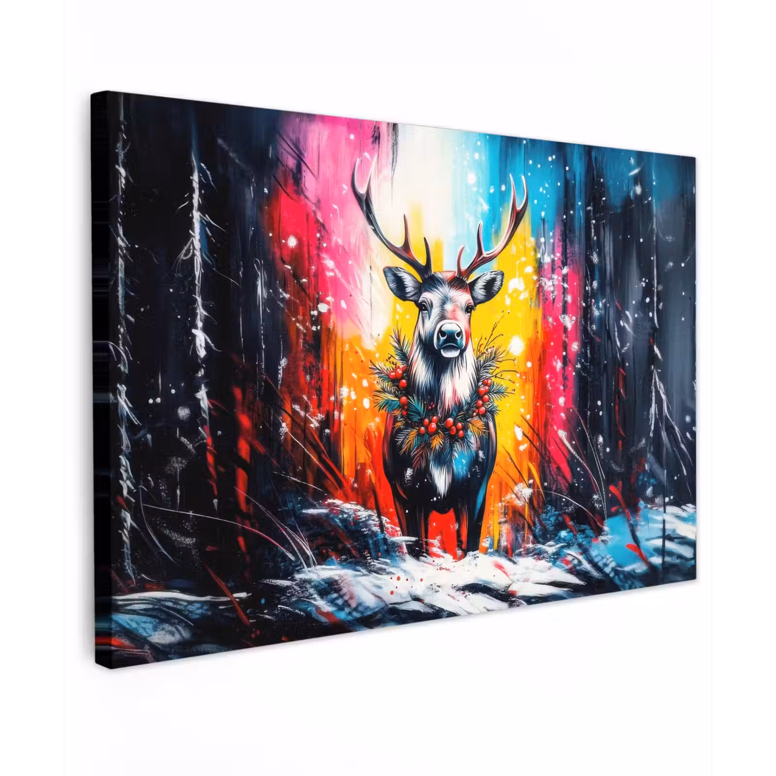 Canvas schilderij - Rendier - Gewei - Krans - Kleurrijk — 1