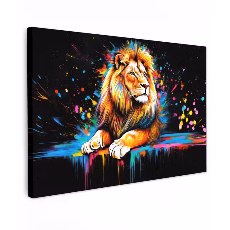 Canvas schilderij - Leeuw - Kleurrijk - Spetters — 1