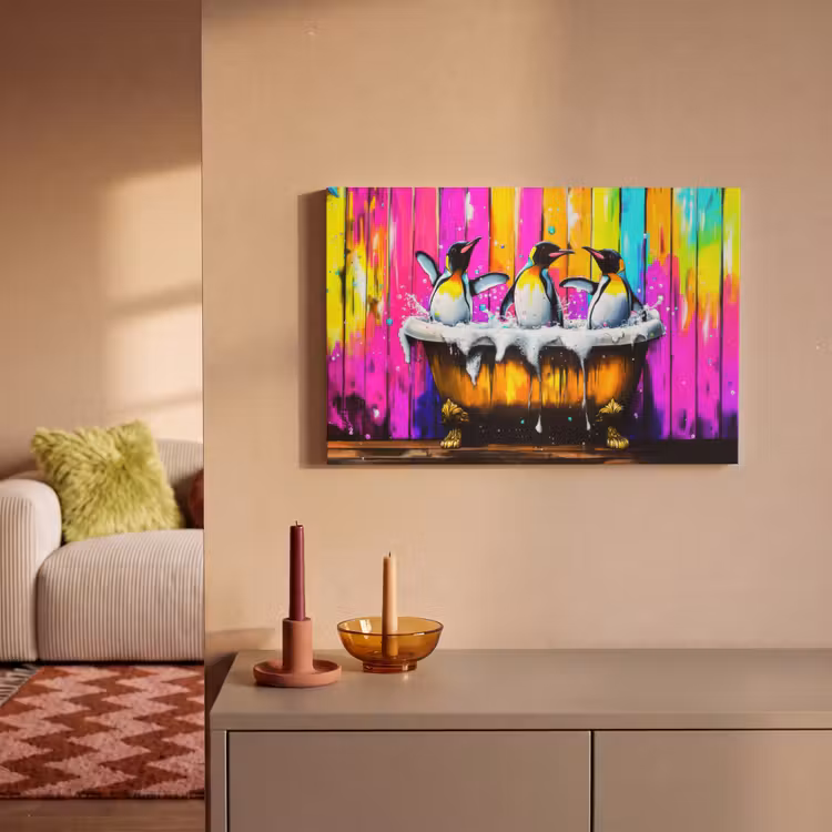 Canvas schilderij - Pinguïns - Badkuip - Kleurrijk - Schuim — 2