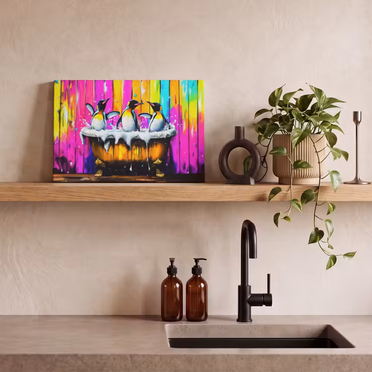 Canvas schilderij - Pinguïns - Badkuip - Kleurrijk - Schuim — 4