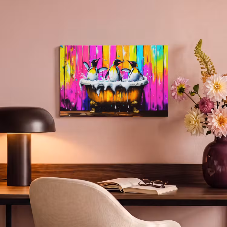 Canvas schilderij - Pinguïns - Badkuip - Kleurrijk - Schuim — 6