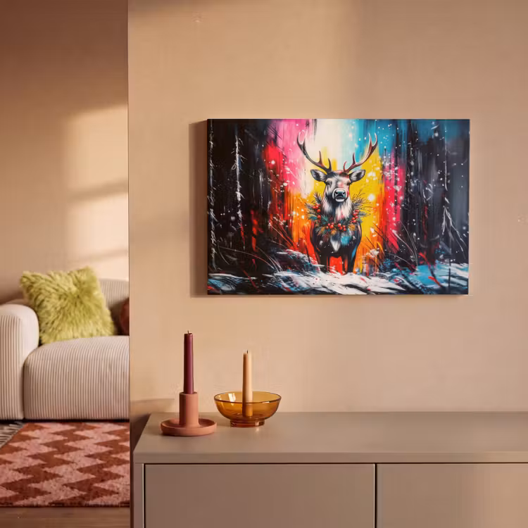 Canvas schilderij - Rendier - Gewei - Krans - Kleurrijk — 2