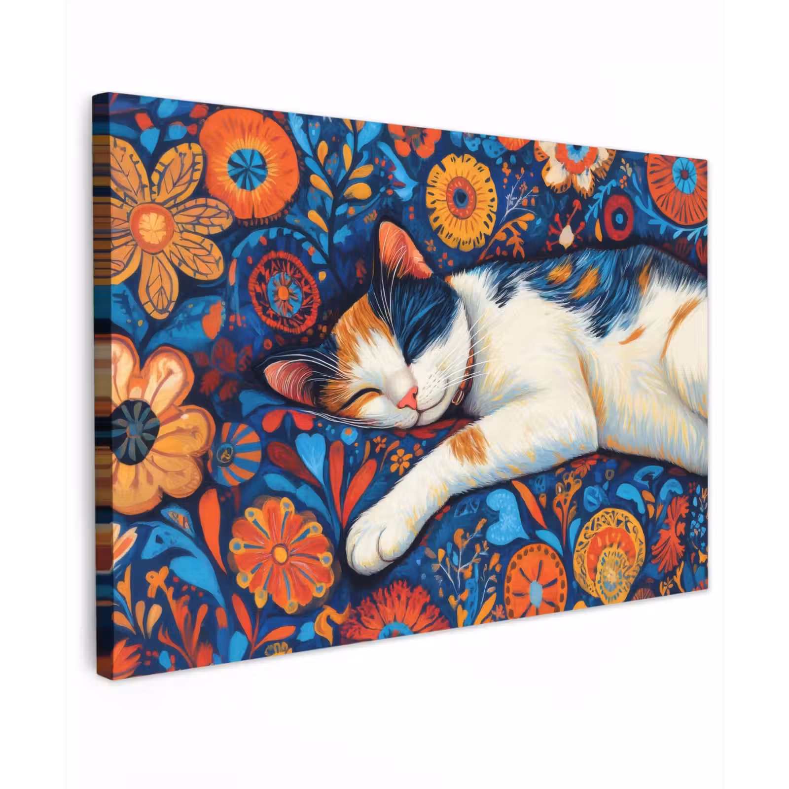 Canvas schilderij - Kat - Bloemenpatroon - Blauw - Oranje — 1
