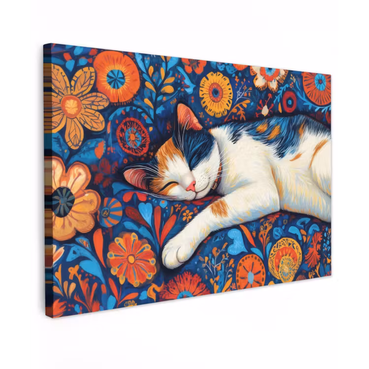 Canvas schilderij - Kat - Bloemenpatroon - Blauw - Oranje — 1