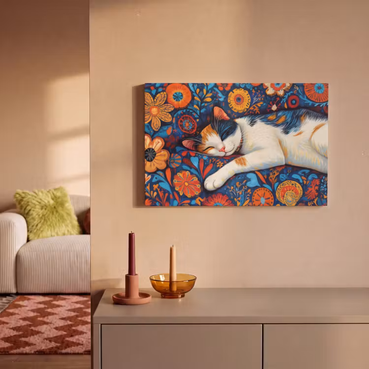 Canvas schilderij - Kat - Bloemenpatroon - Blauw - Oranje — 2