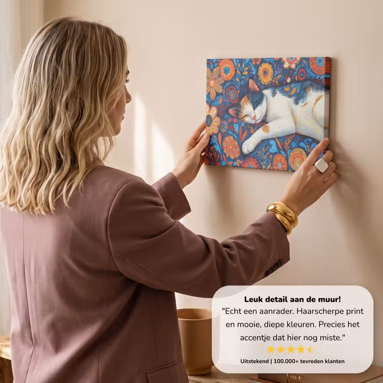 Canvas schilderij - Kat - Bloemenpatroon - Blauw - Oranje — 3