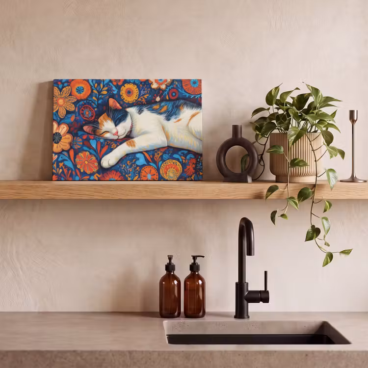 Canvas schilderij - Kat - Bloemenpatroon - Blauw - Oranje — 4