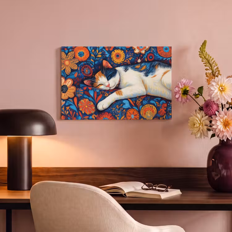 Canvas schilderij - Kat - Bloemenpatroon - Blauw - Oranje — 6