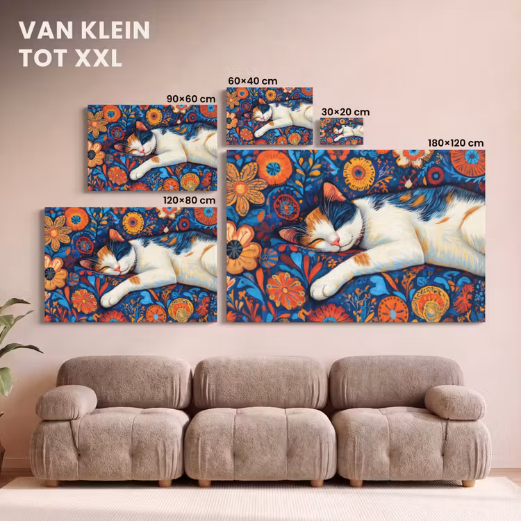 Canvas schilderij - Kat - Bloemenpatroon - Blauw - Oranje — 8