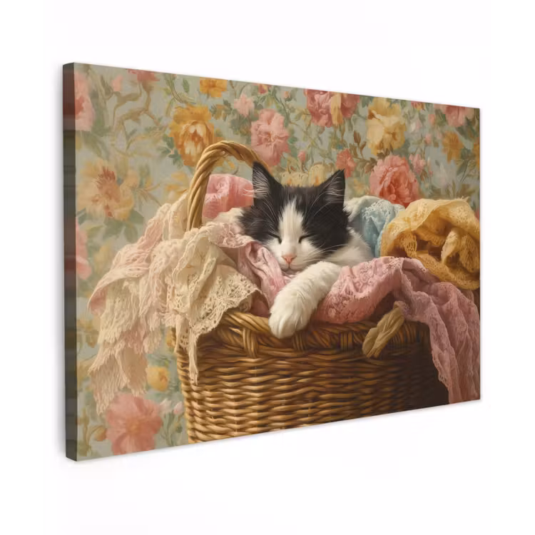 Canvas schilderij - Kat - Bloemenprint - Rieten mand — 1