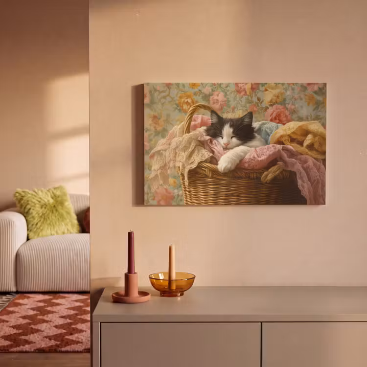 Canvas schilderij - Kat - Bloemenprint - Rieten mand — 2