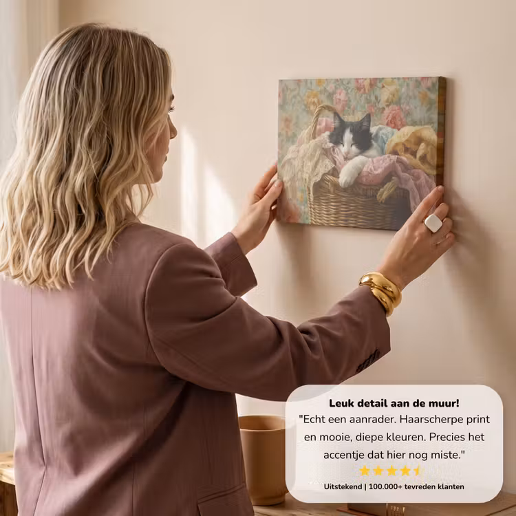 Canvas schilderij - Kat - Bloemenprint - Rieten mand — 3