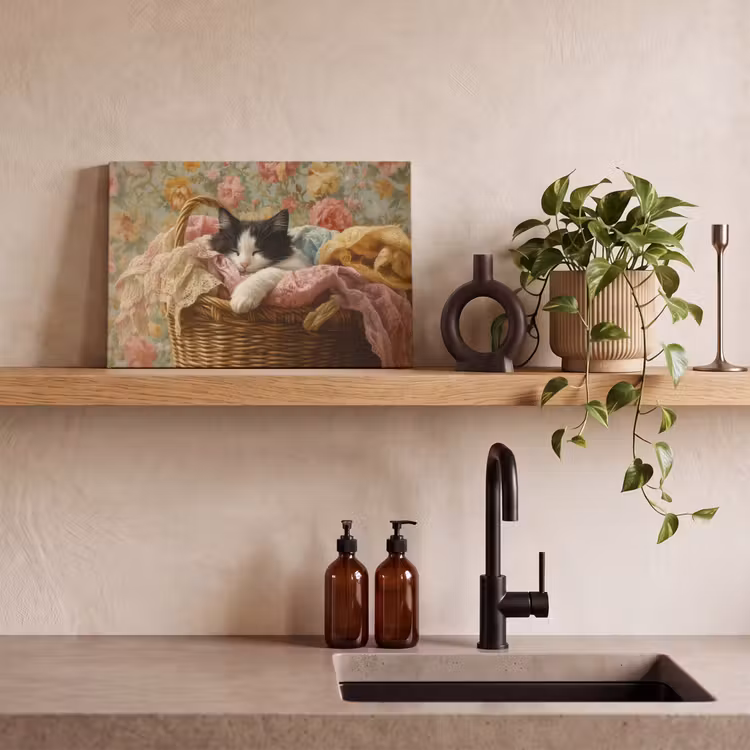 Canvas schilderij - Kat - Bloemenprint - Rieten mand — 4