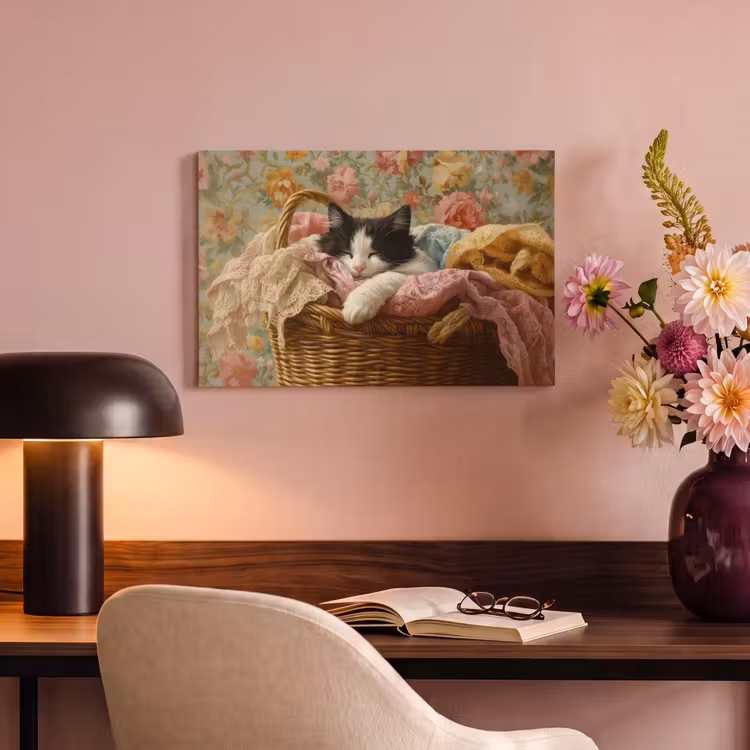 Canvas schilderij - Kat - Bloemenprint - Rieten mand — 6