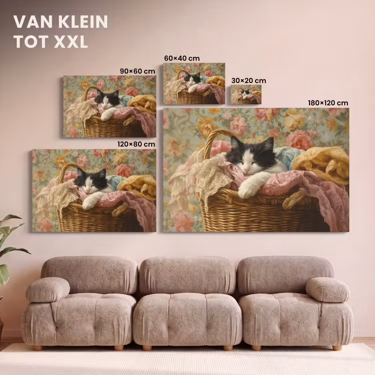 Canvas schilderij - Kat - Bloemenprint - Rieten mand — 8