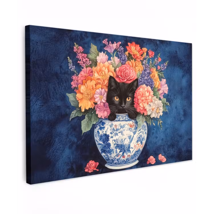 Canvas schilderij - Kat - Felgekleurde bloemen - Vaas — 1
