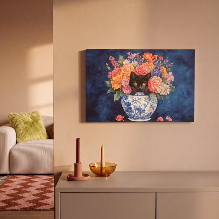 Canvas schilderij - Kat - Felgekleurde bloemen - Vaas — 2