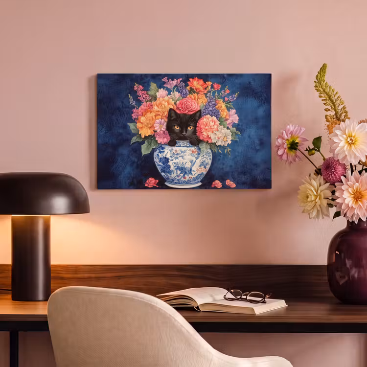 Canvas schilderij - Kat - Felgekleurde bloemen - Vaas — 6