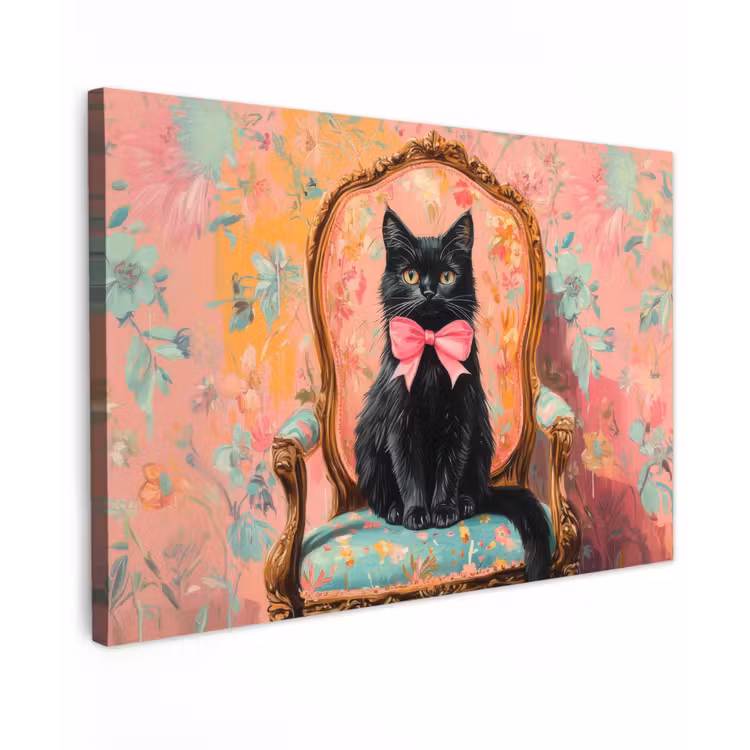 Canvas schilderij - Kat - Roze - Stoel met bloemenmotief — 1