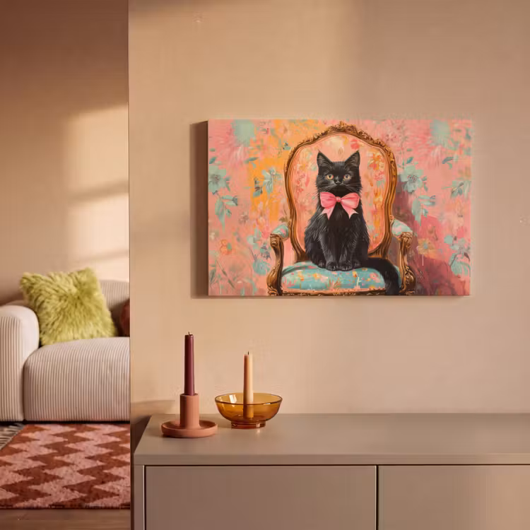 Canvas schilderij - Kat - Roze - Stoel met bloemenmotief — 2