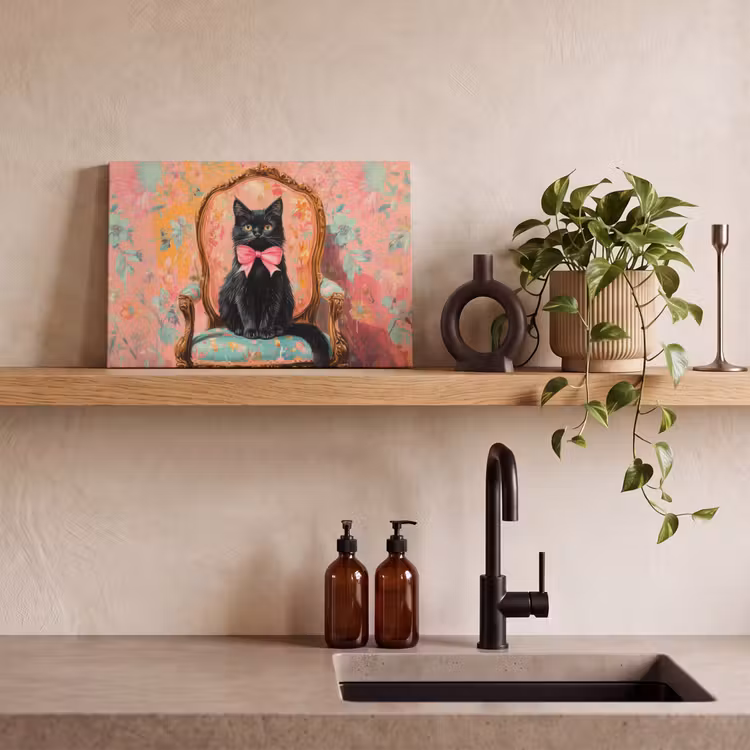 Canvas schilderij - Kat - Roze - Stoel met bloemenmotief — 4
