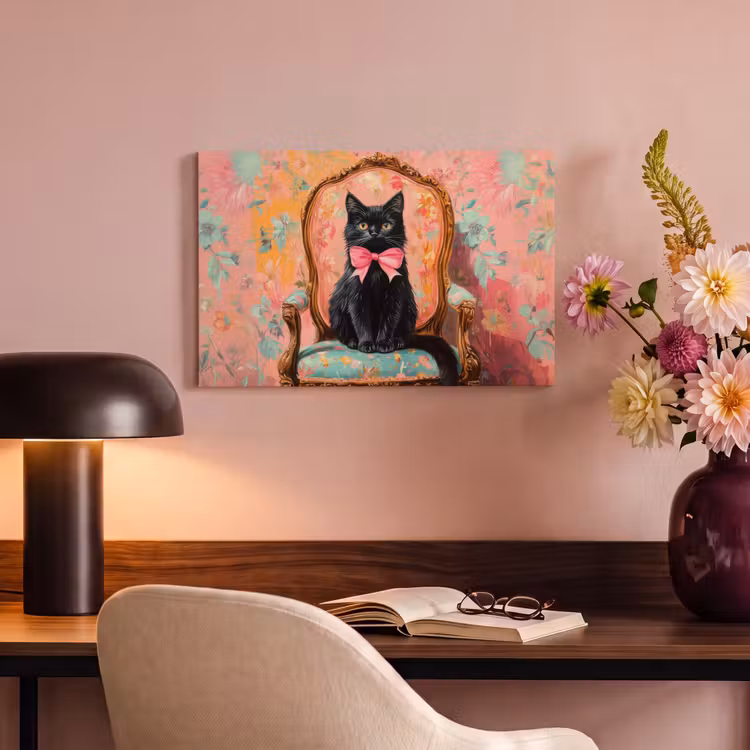 Canvas schilderij - Kat - Roze - Stoel met bloemenmotief — 6