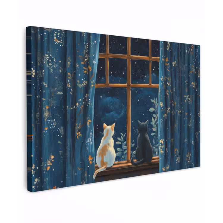 Canvas schilderij - Kat - Sterrenhemel - Blauw — 1