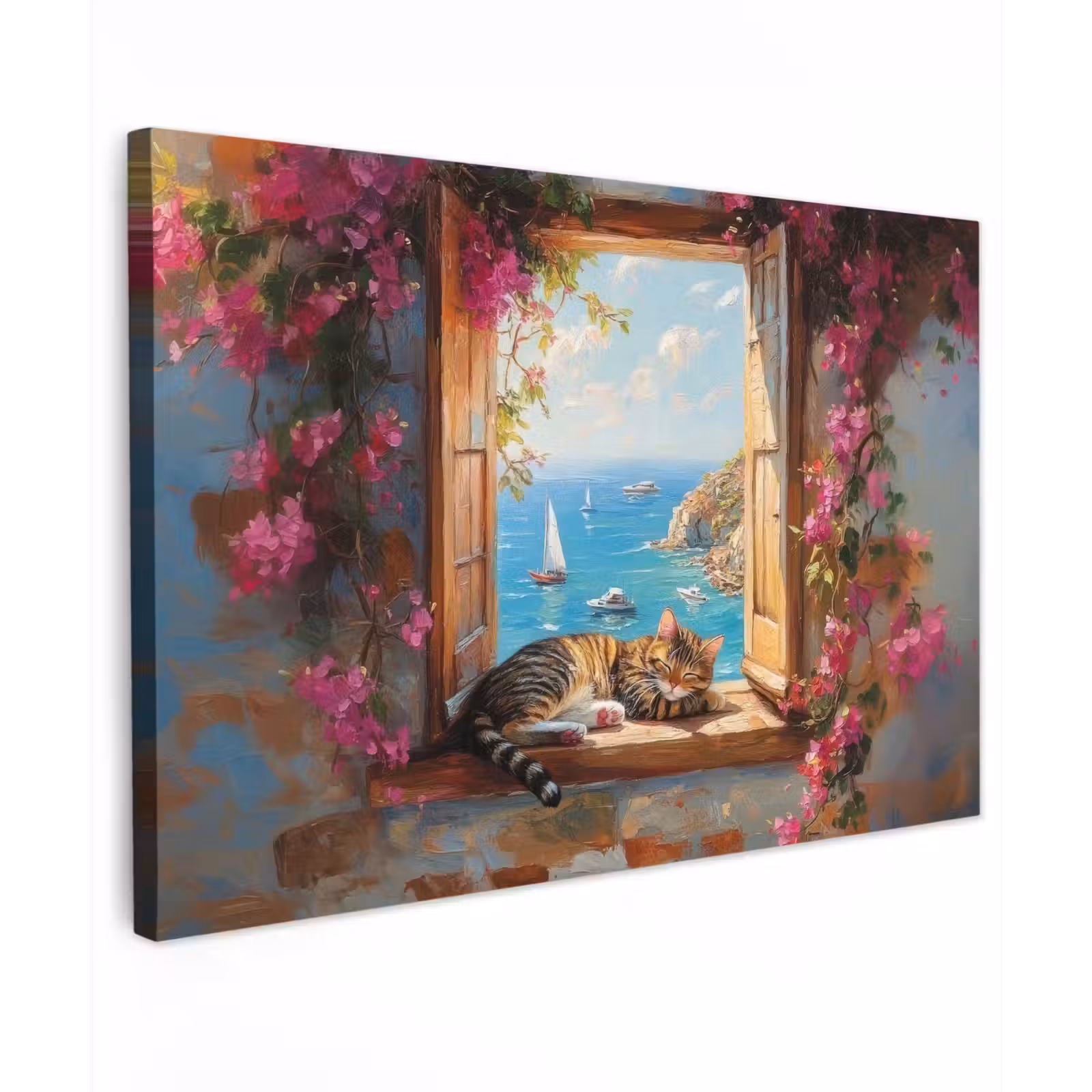 Canvas schilderij - Kat - Blauwe zee - Roze bloemen — 1