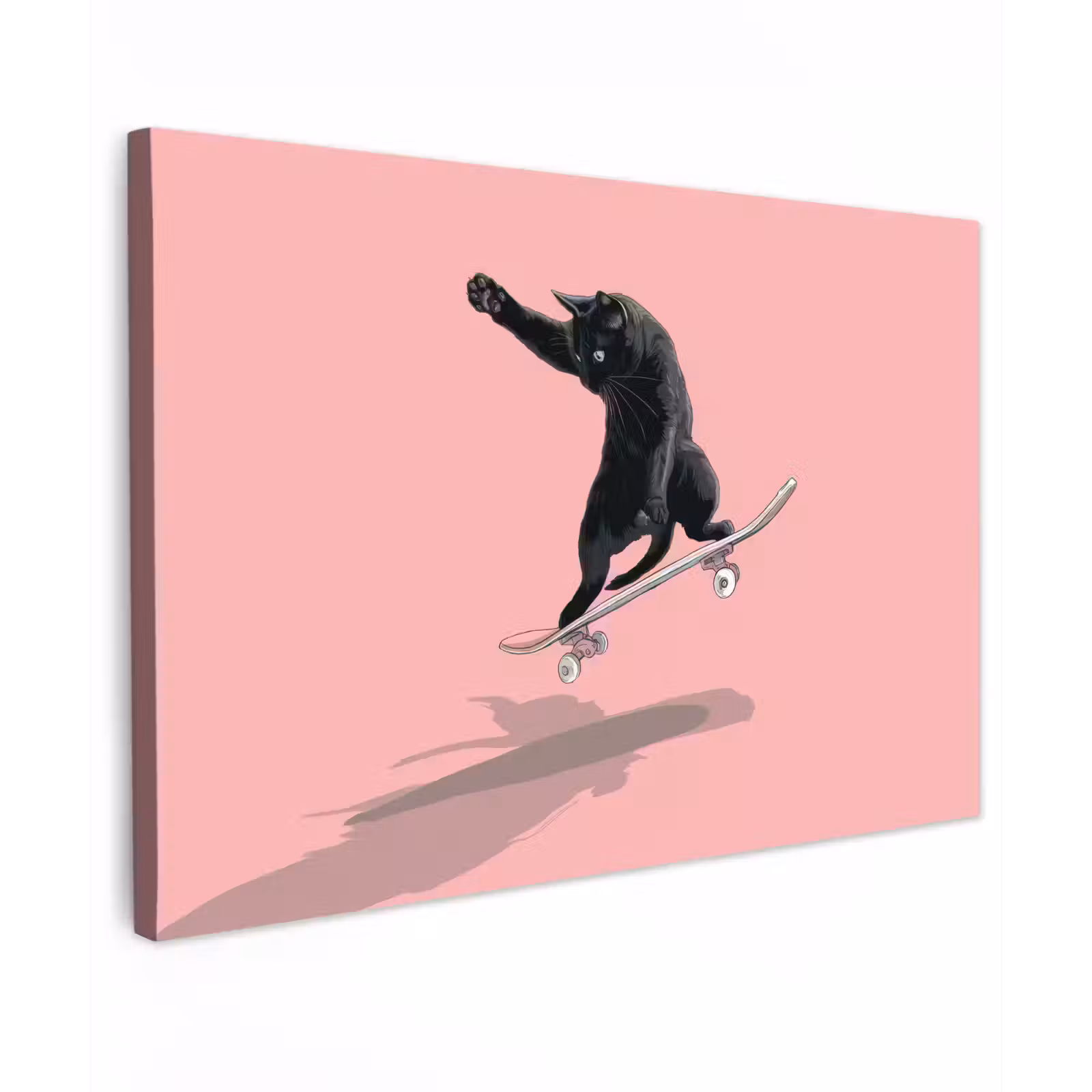 Canvas schilderij - Kat - Skateboard - Roze — 1