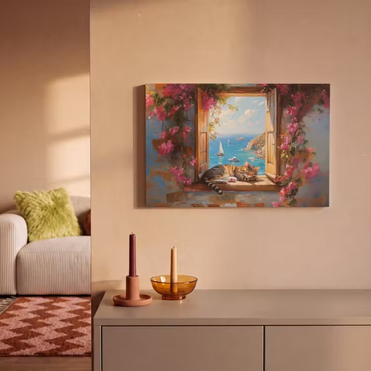 Canvas schilderij - Kat - Blauwe zee - Roze bloemen — 2