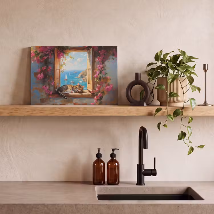 Canvas schilderij - Kat - Blauwe zee - Roze bloemen — 4