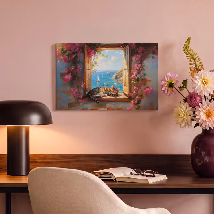 Canvas schilderij - Kat - Blauwe zee - Roze bloemen — 6