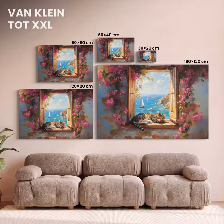 Canvas schilderij - Kat - Blauwe zee - Roze bloemen — 8