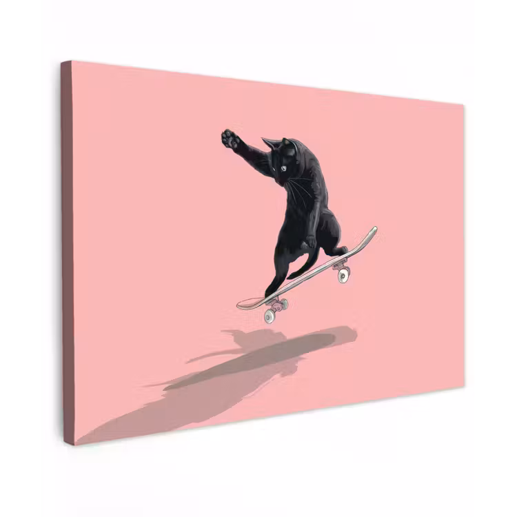 Canvas schilderij - Kat - Skateboard - Roze — 1
