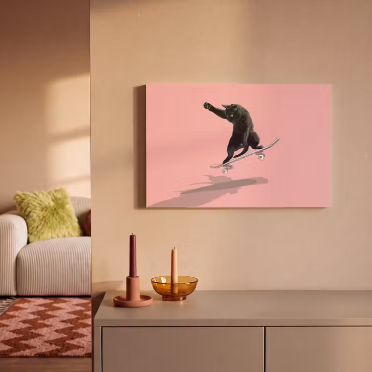 Canvas schilderij - Kat - Skateboard - Roze — 2