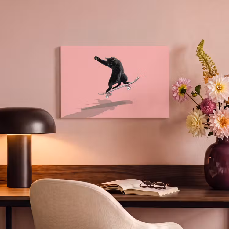 Canvas schilderij - Kat - Skateboard - Roze — 6